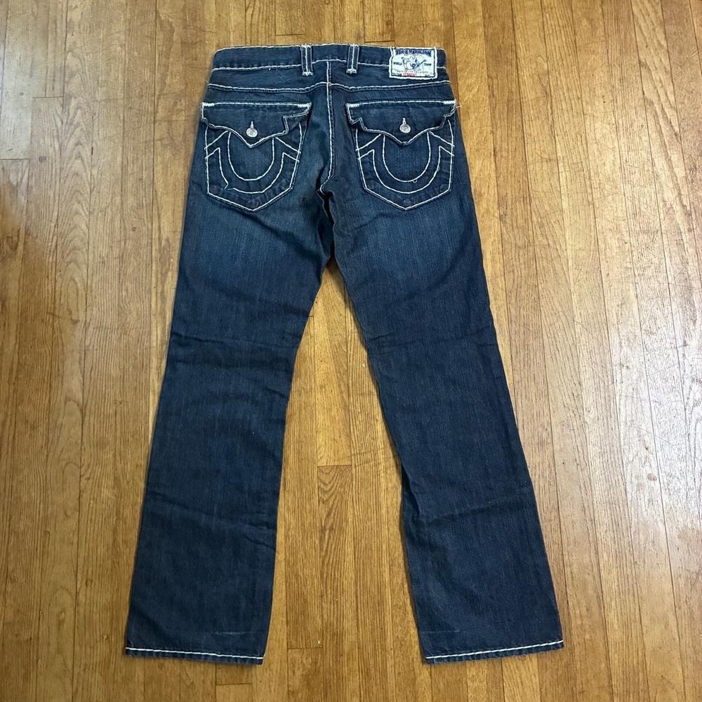 True Religion Vintage Straight Cut Jeans Navy Blue White Stitch 34x34 USA Made